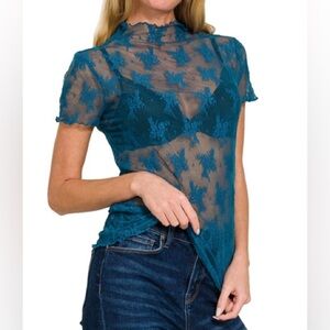 The “Boho Lace Tee” Short Sleeve Top | Teal